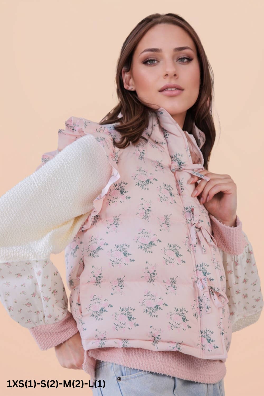 Vollie Front Bow Ruffle Sleeve Floral Puffer Vest