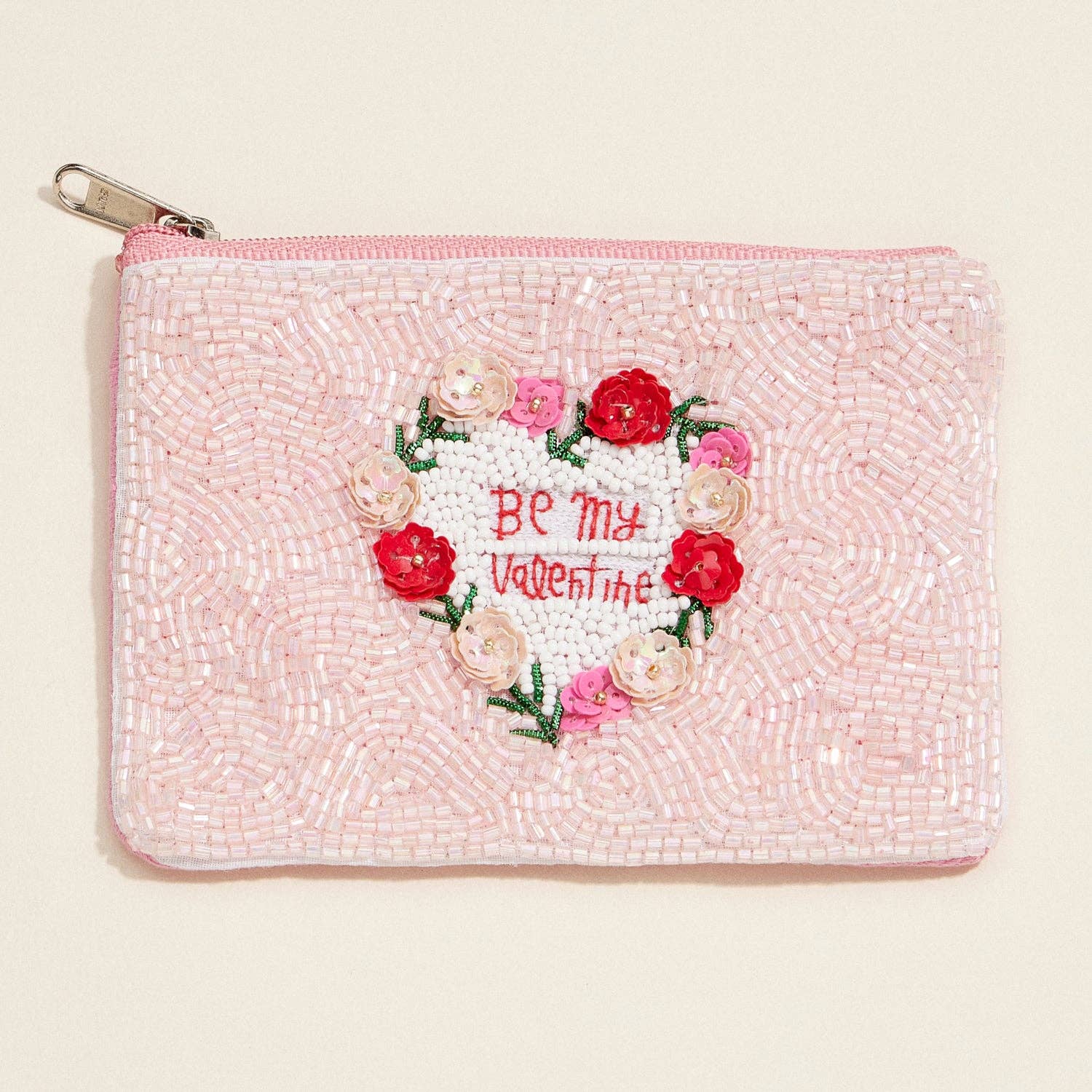“Be My Valentine” Beaded Zip Pouch – Romantic Pink Floral Clutch FINAL SALE