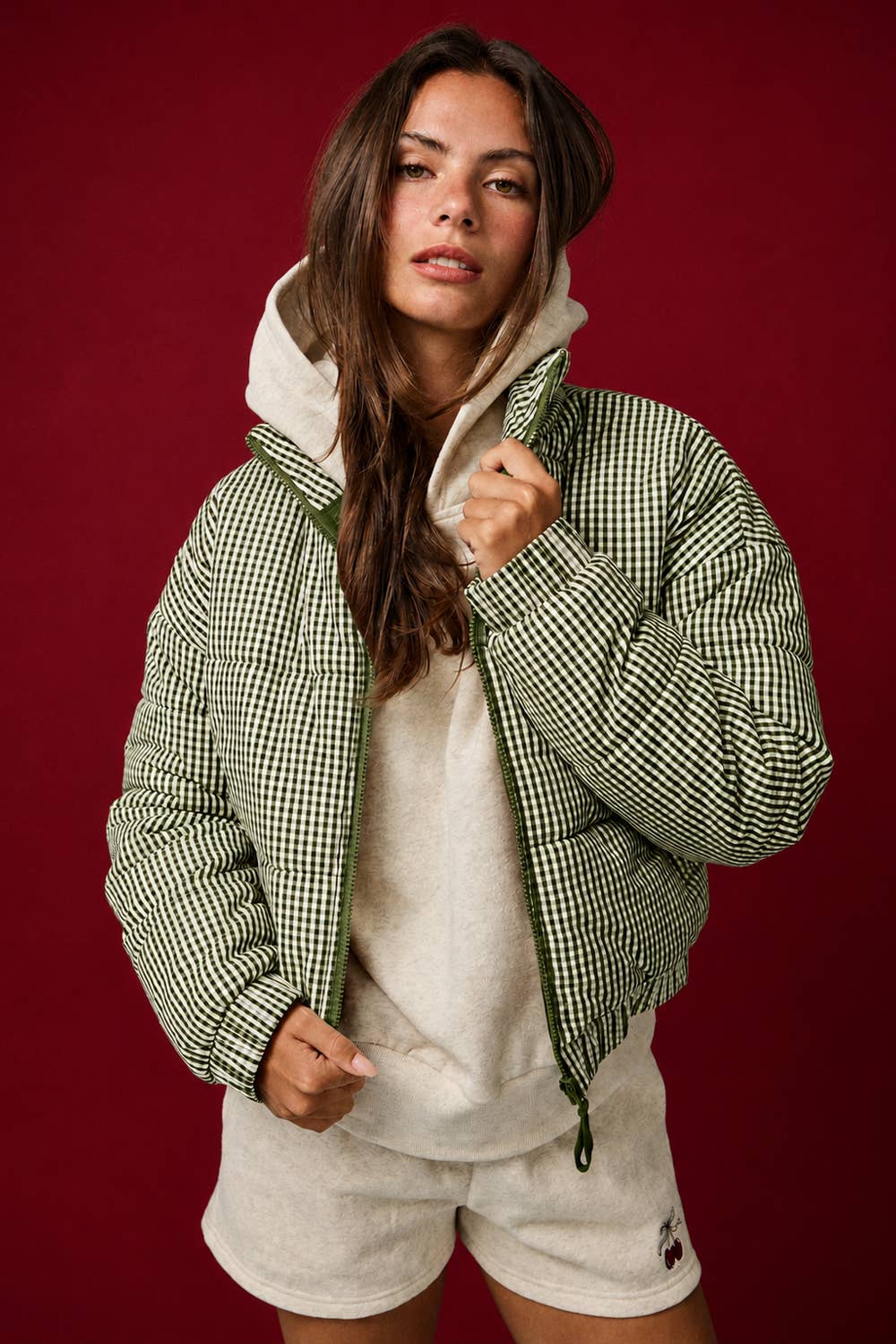 Raye Gingham Zip Puffer Jacket