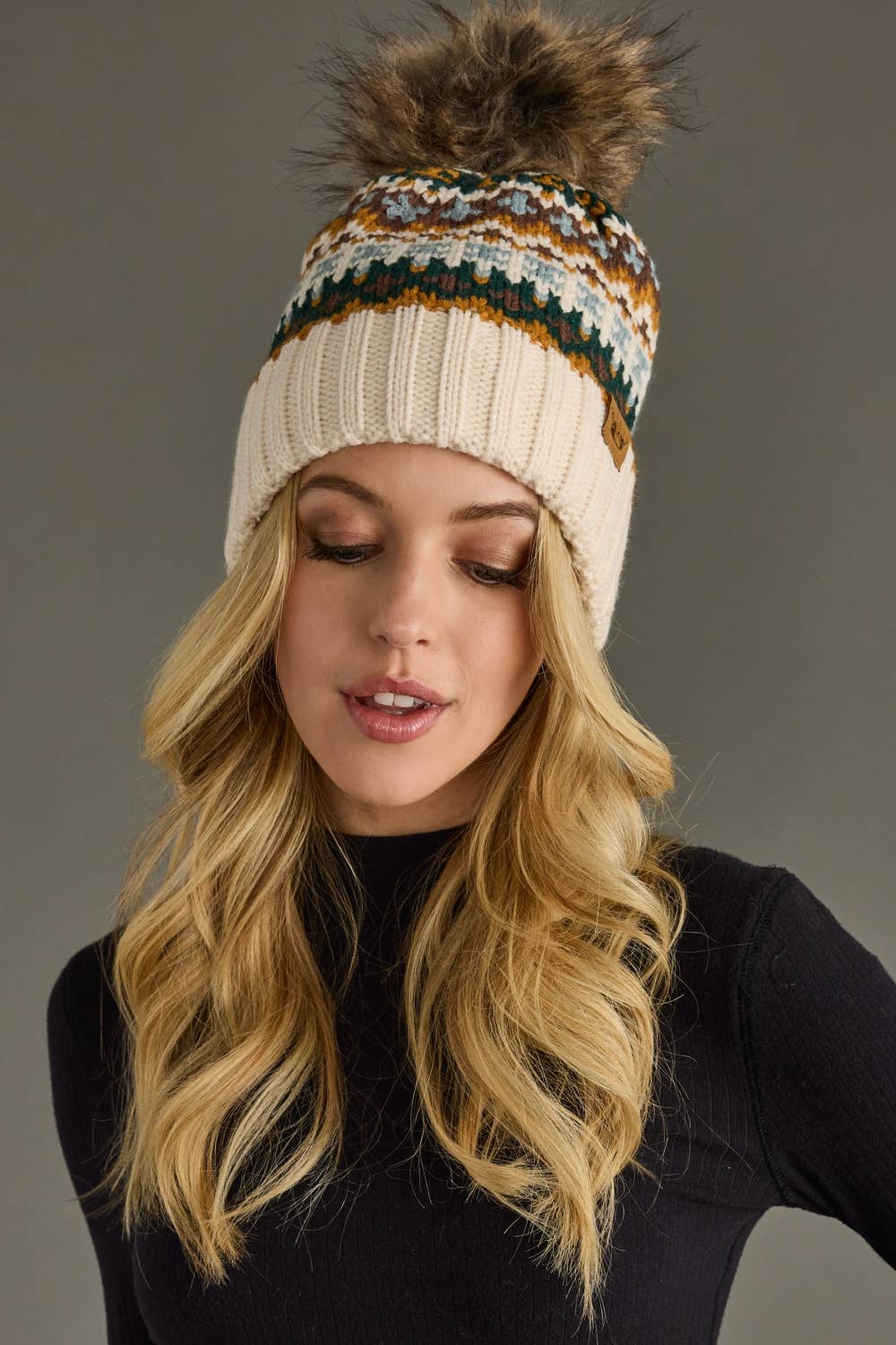 Liv Cream & Multicolored Patterned Pom Hat