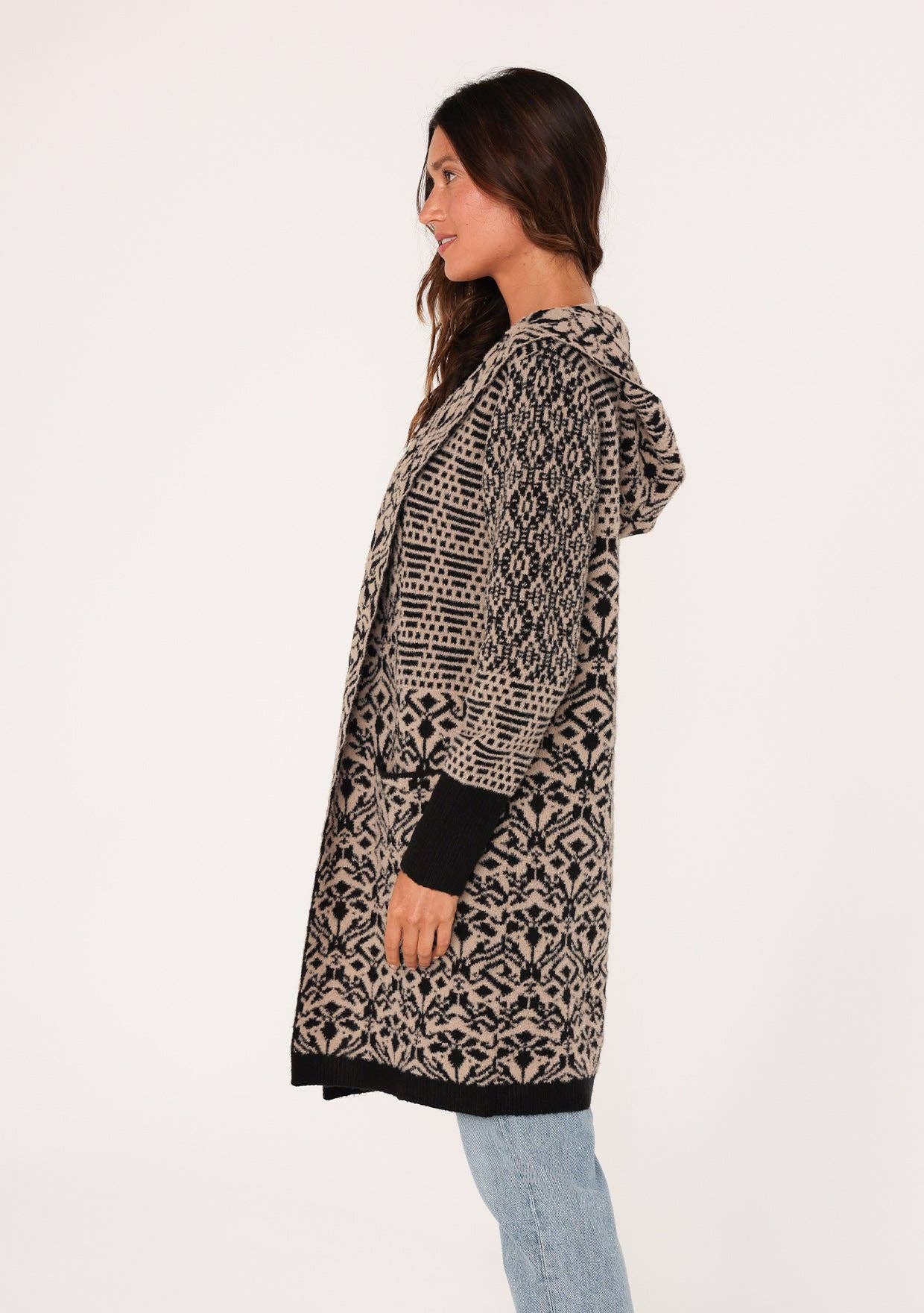 Forna Patchwork Jacquard Open Front Hoodie Cardigan PREORDER