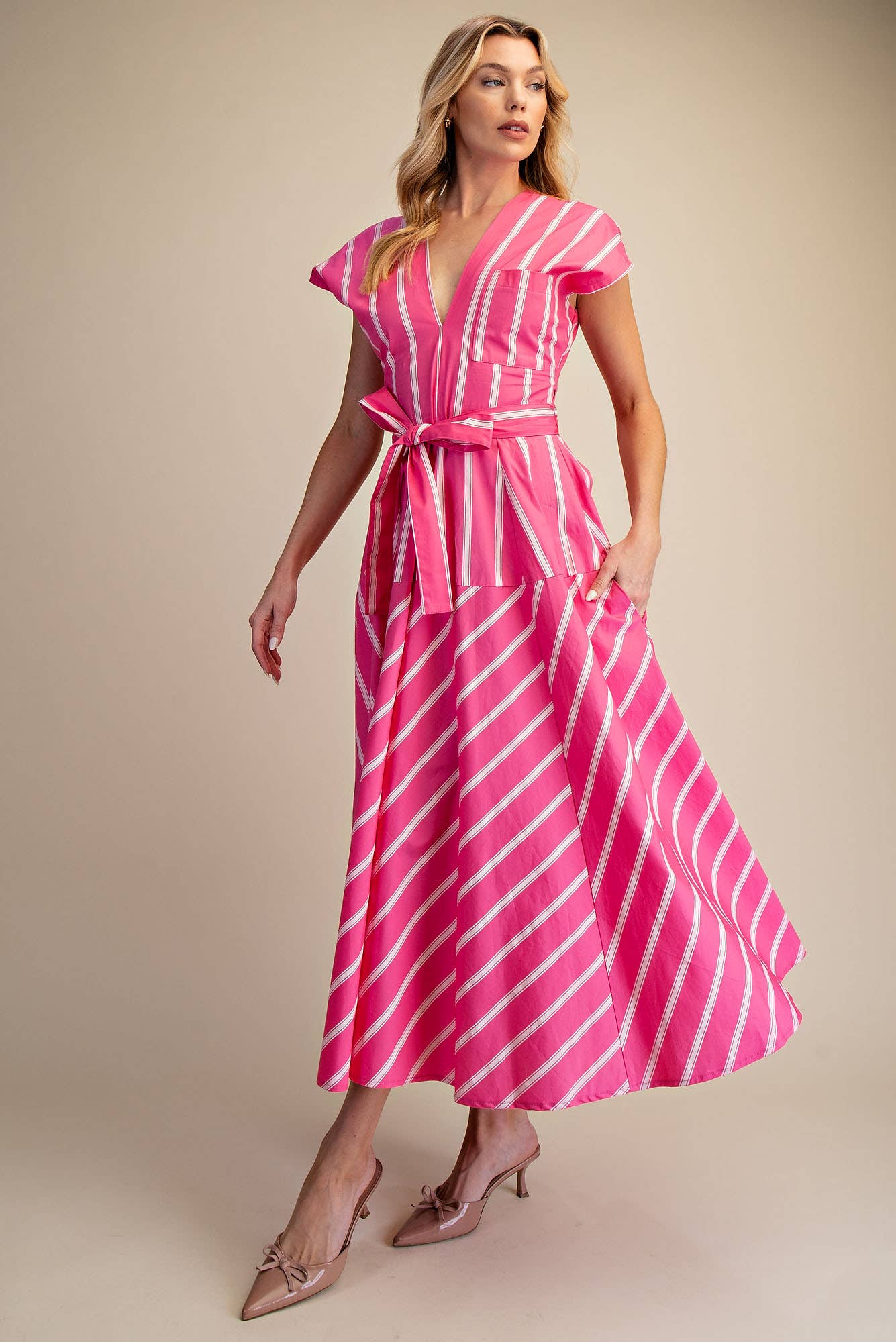 Mae V-Neck Drop Shoulder Waist Tie Midi Dress