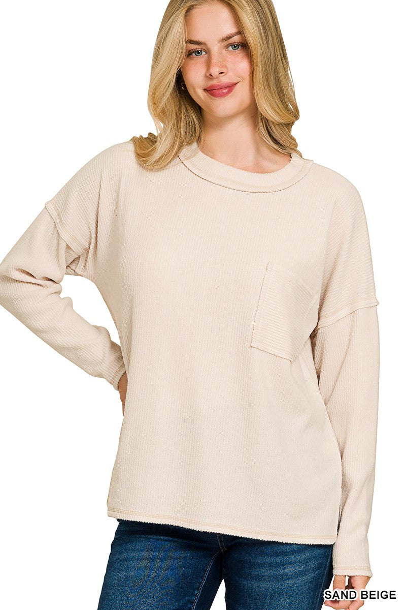 Mary Beige Pocket Ribbed Fleece Top