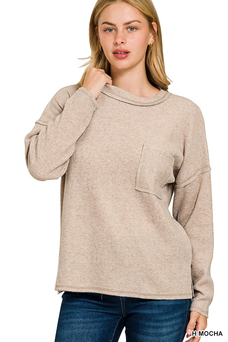 Mary Mocha Pocket Ribbed Fleece Top