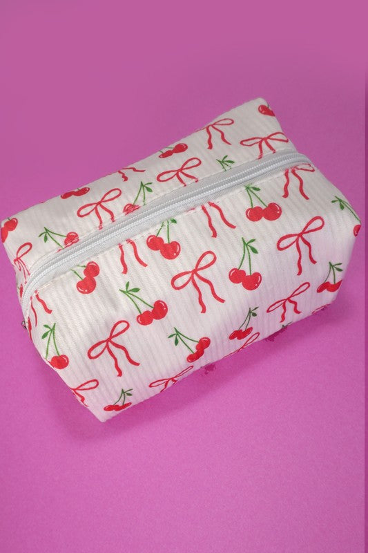 Cherry Bow Print Travel Cosmetic Pouch