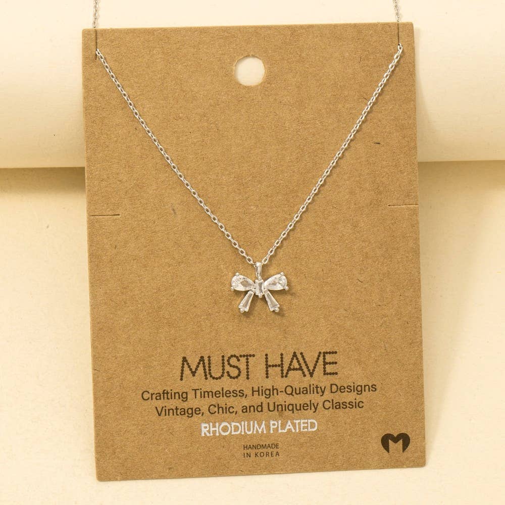 Mar Rhinestone Ribbon Bow Pendant Necklace