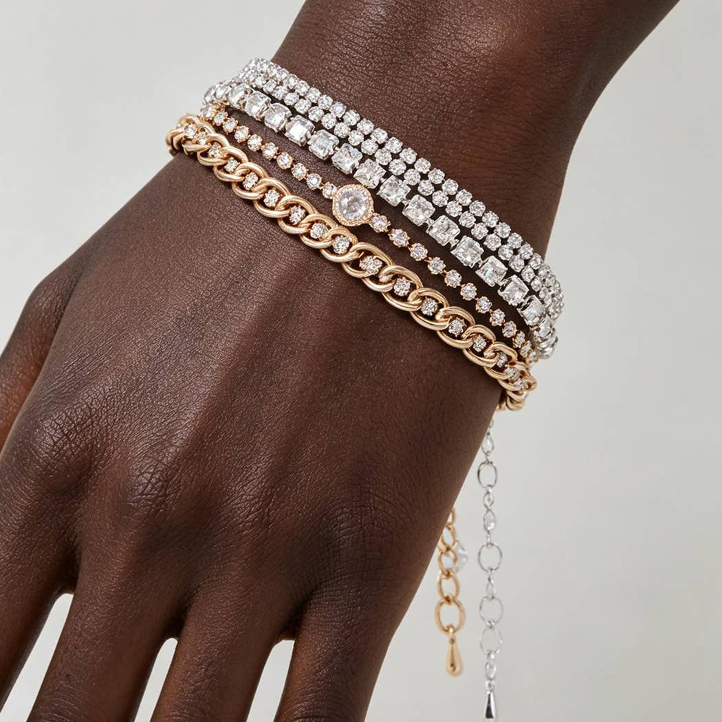 Via Two Tone Mixed Rhinestone & Chain Stacking Bracelet Set
