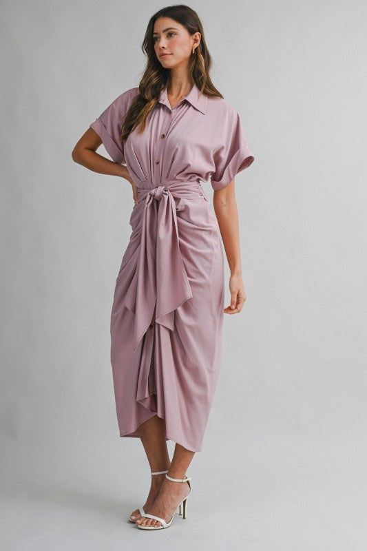 Michah Front Tie Midi Ruched Dress