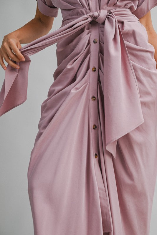 Michah Front Tie Midi Ruched Dress