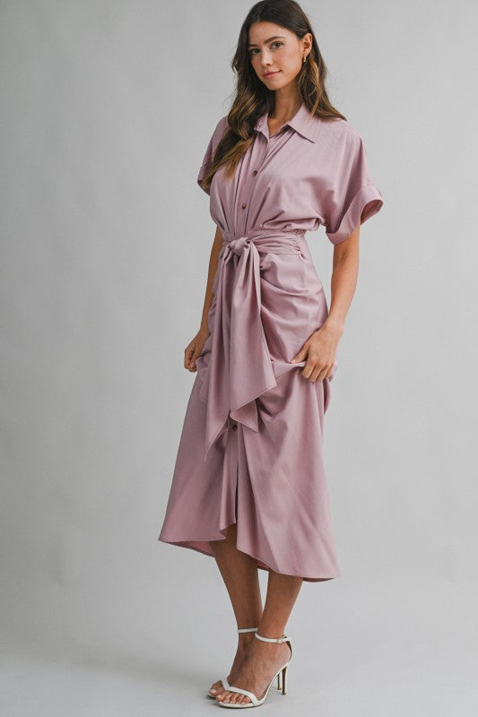 Michah Front Tie Midi Ruched Dress