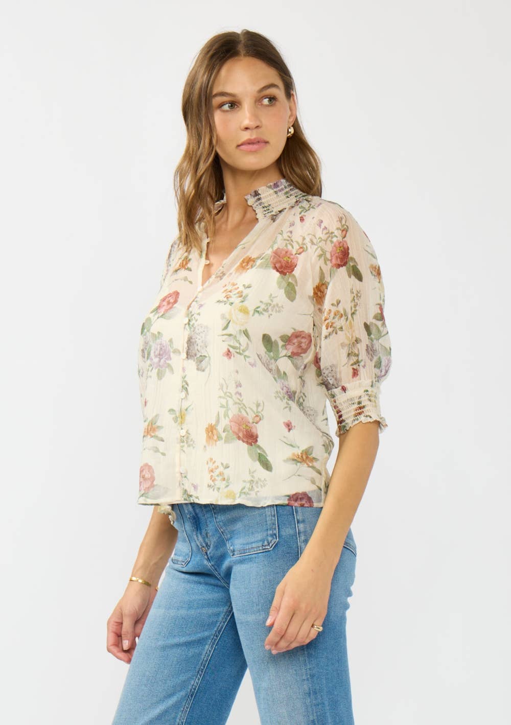 Farly Puff Sleeve Smocked Neck Button Down Top PREORDER