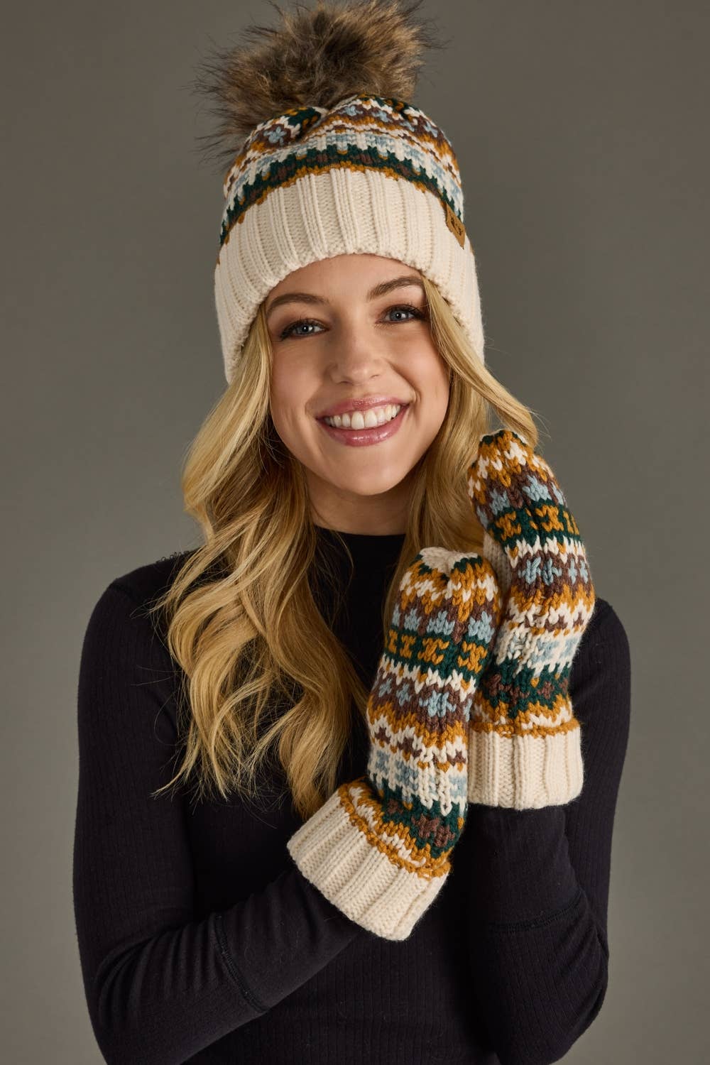 Liv Cream & Multicolored Patterned Pom Hat