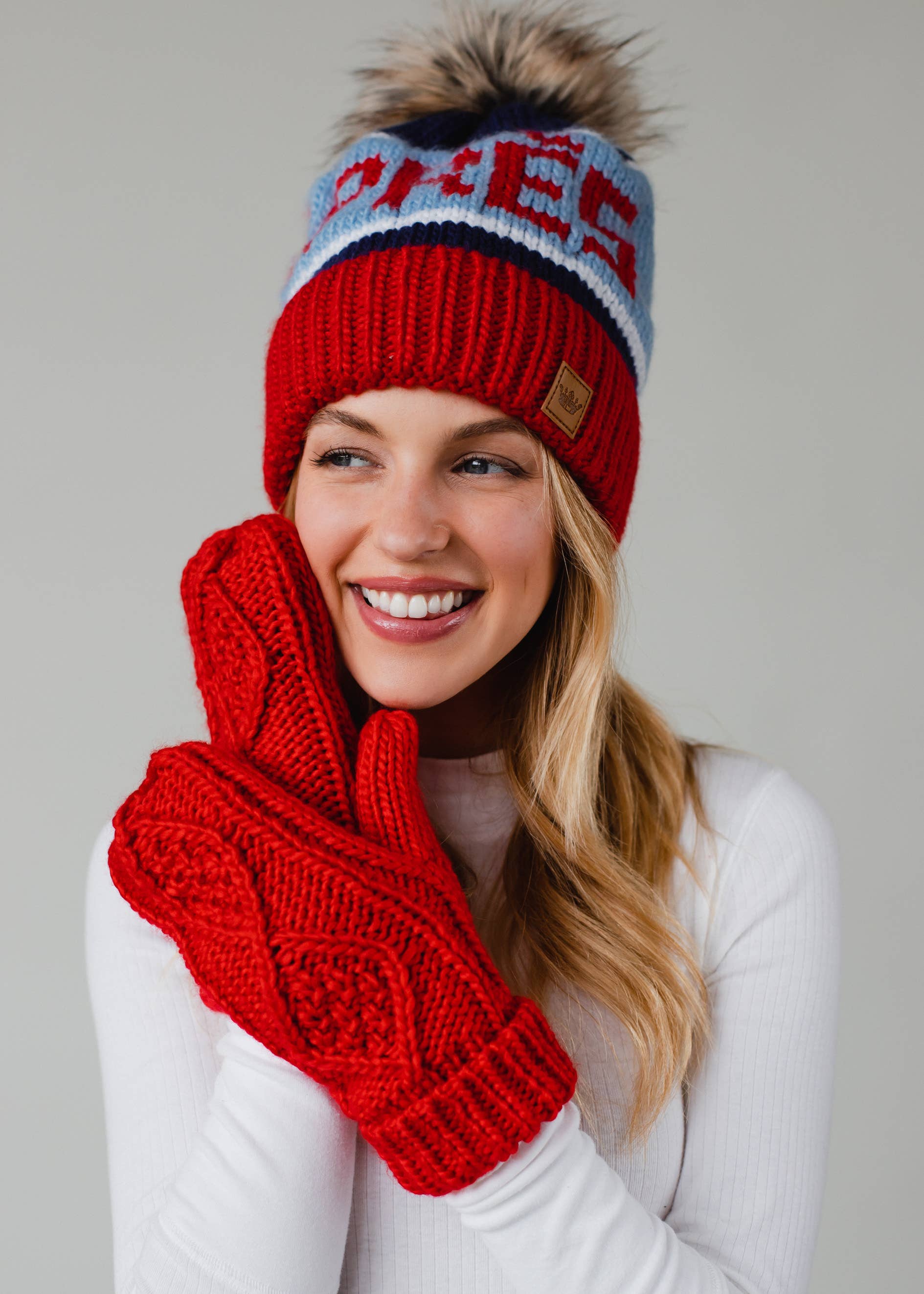 Livi Red, Lt. Blue & Navy Apres Pom Hat