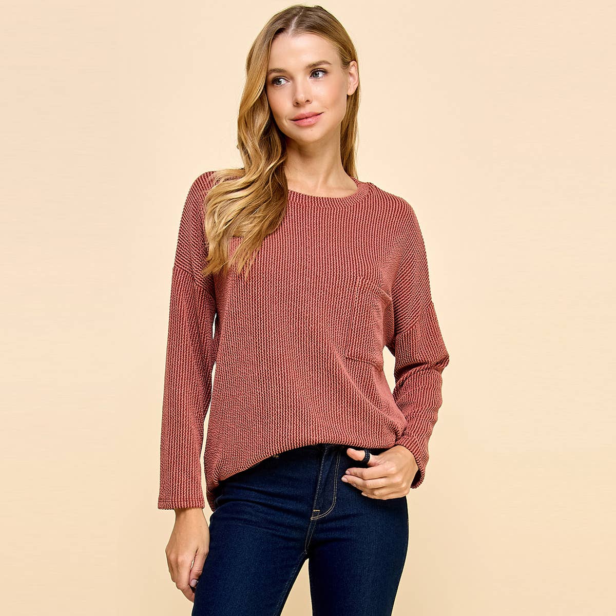 Sofia Ribbed Long Sleeve Pocket Top -Rust PREORDER