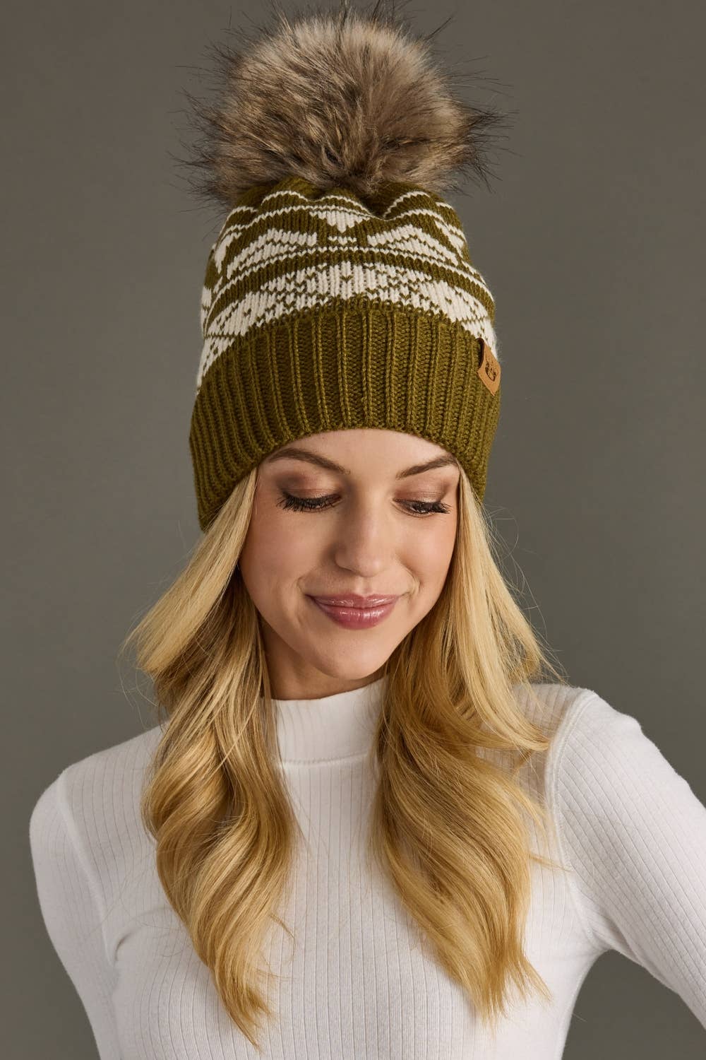 Loe Olive & Cream Patterned Pom Hat