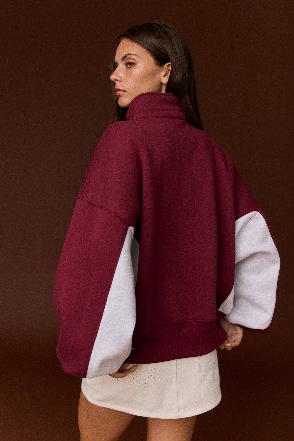 Amy Collar Half-Snap Contrast Sleeve Sweatshirt