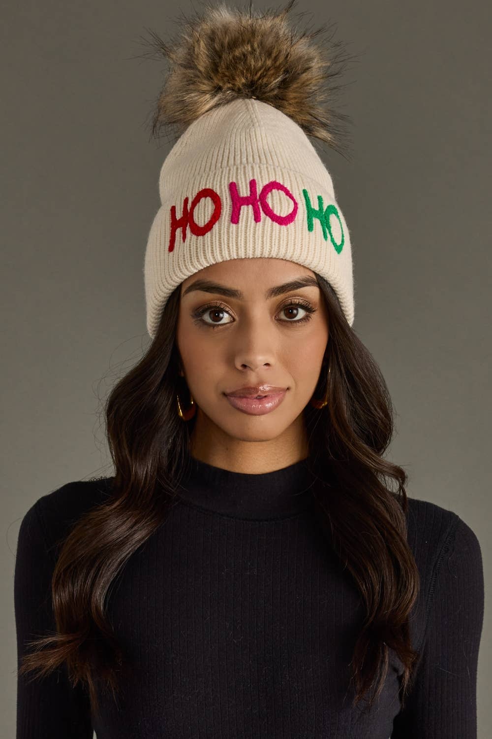 Lenny Beige Ho Ho Ho Knit Pom Hat