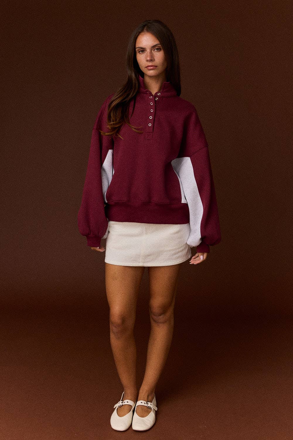 Amy Collar Half-Snap Contrast Sleeve Sweatshirt