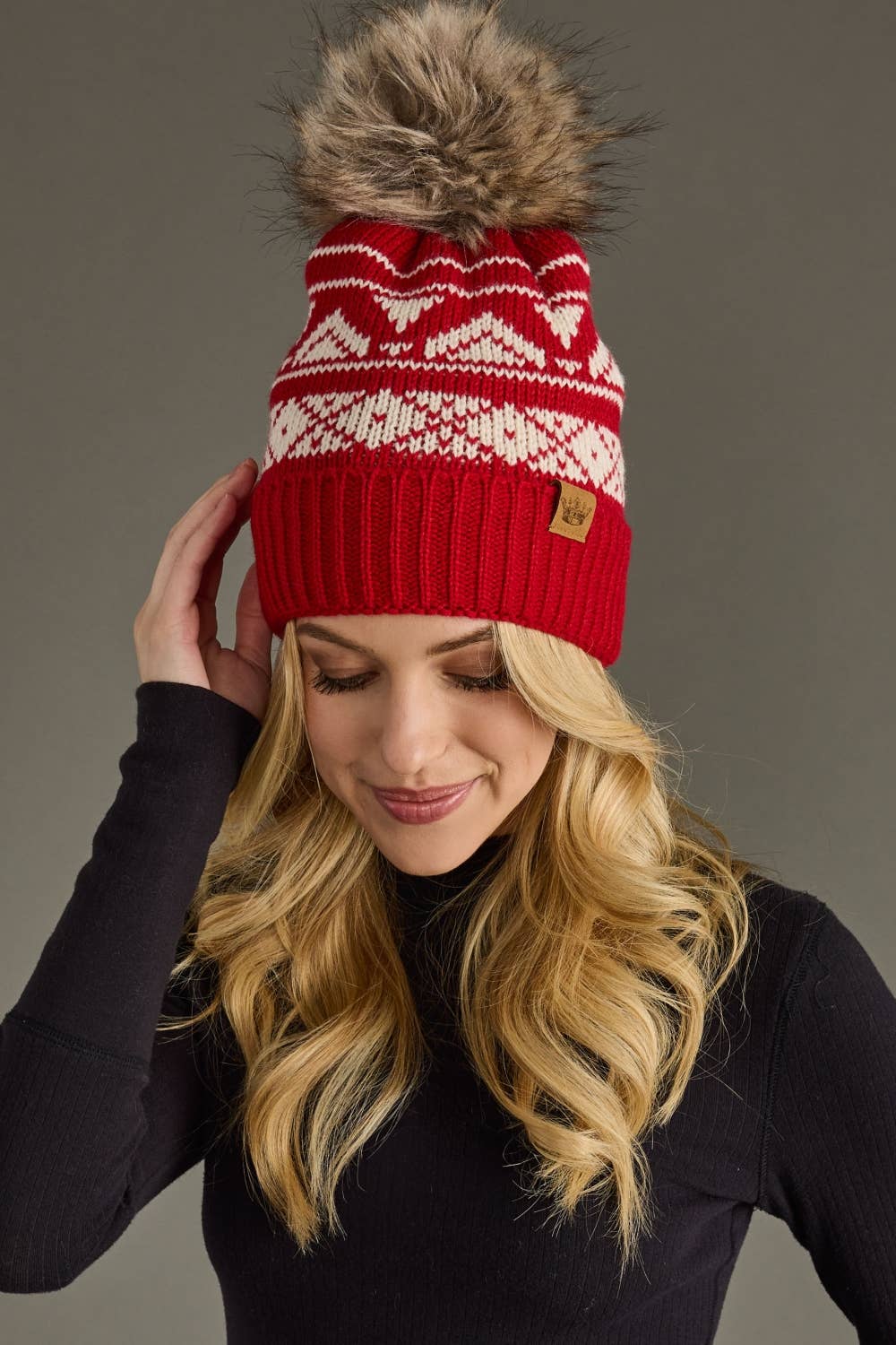 Lara Red & Cream Patterned Pom Hat