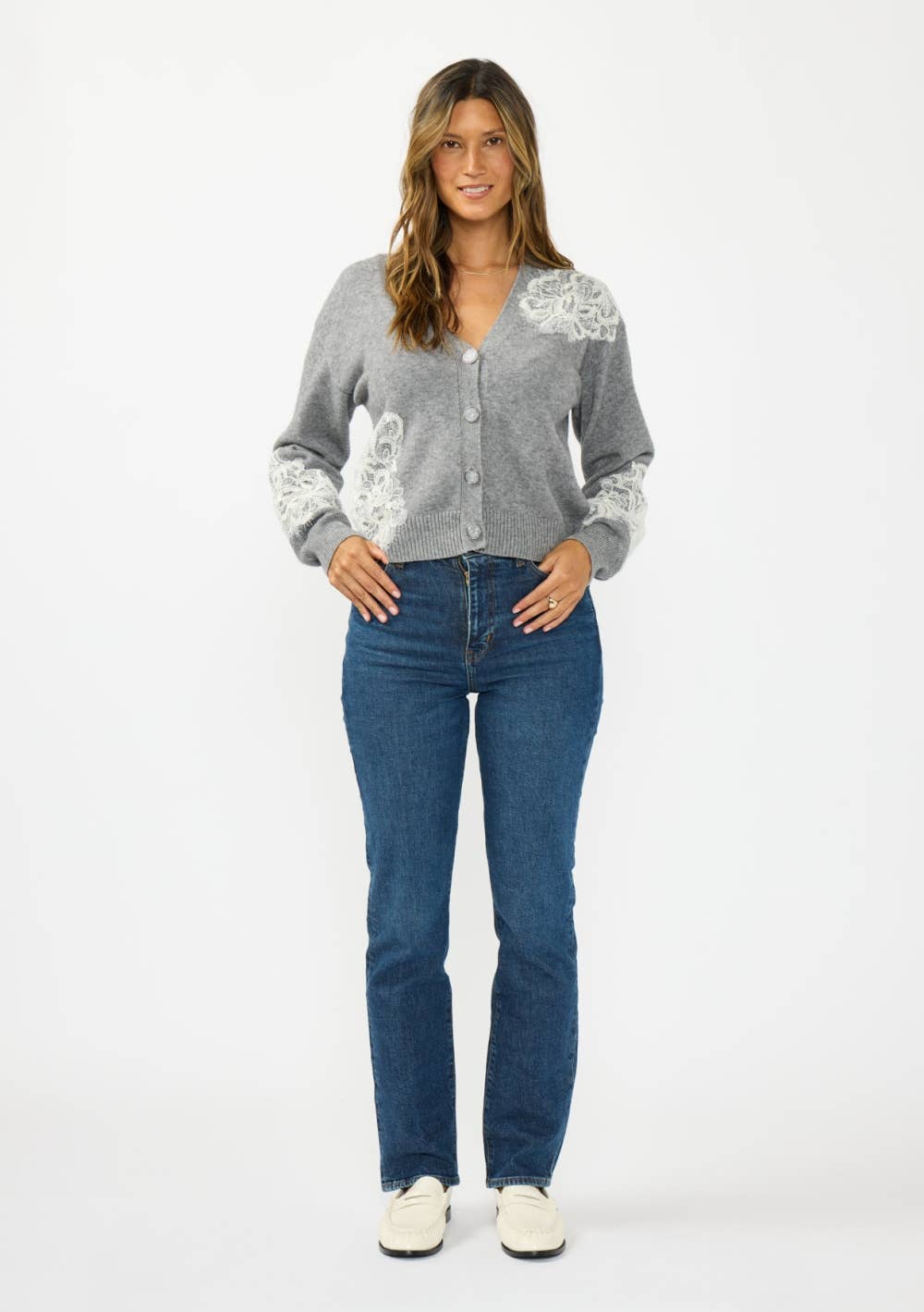 Fester V-Neck Lace Accent Cardigan PREORDER