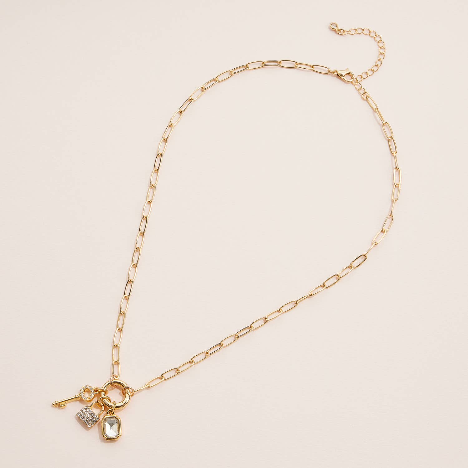 Hucks Gold Dipped Charm Necklace with Key and Gemstone Accents