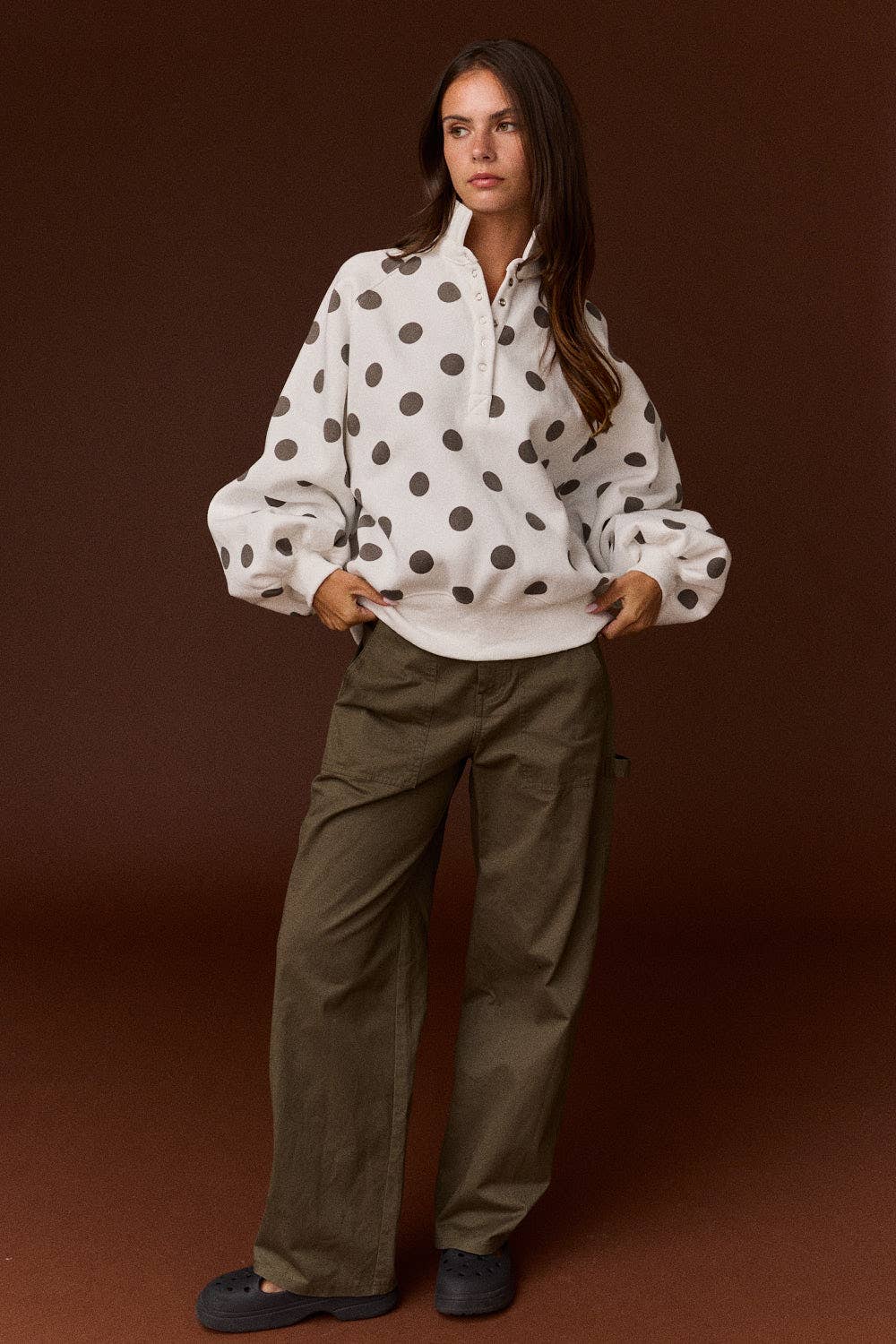 Ariella Collar Half-Snap Button Polka Dot Sweatshirt