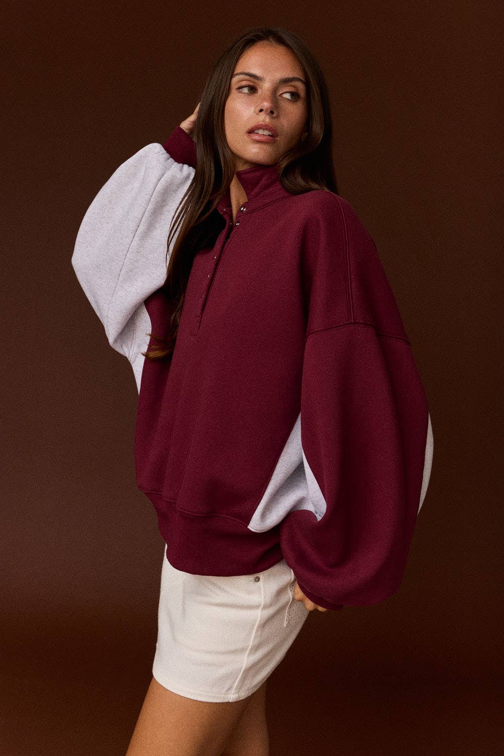Amy Collar Half-Snap Contrast Sleeve Sweatshirt