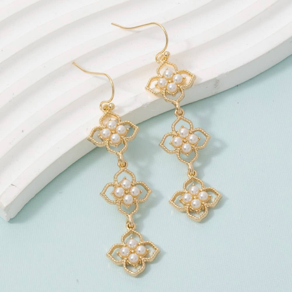 Roxanne Pearl Studded Multi Flower Chain Dangle Earrings