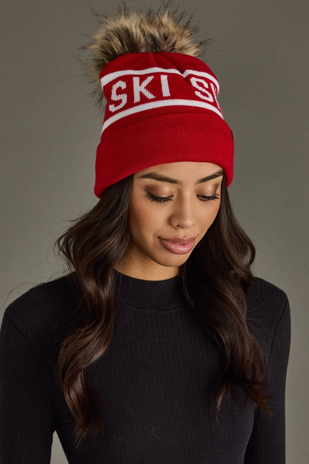 Liz Red & White Ski Pom Hat