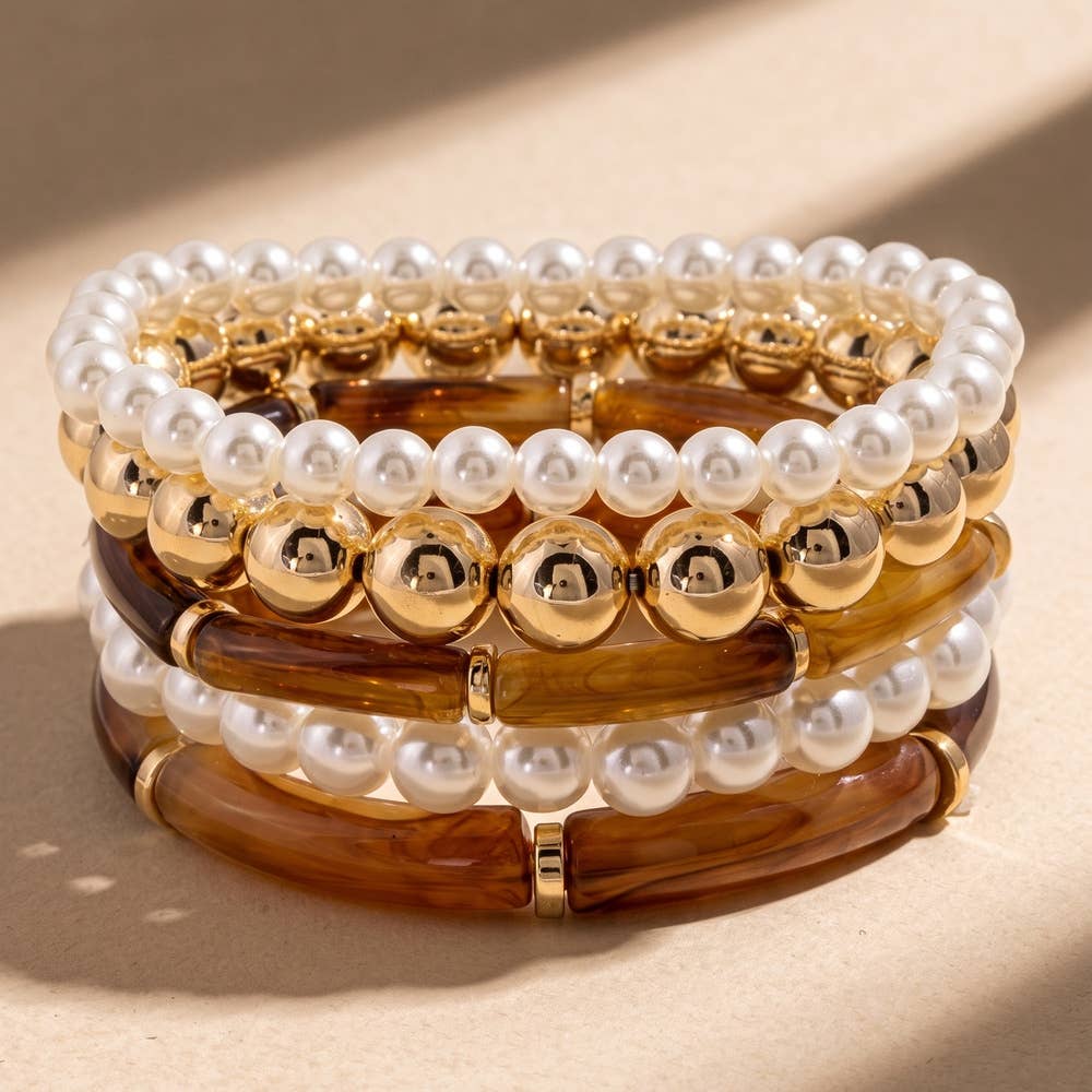 Stephanie Pearl And Bamboo Bead Stretch Bracelet Set