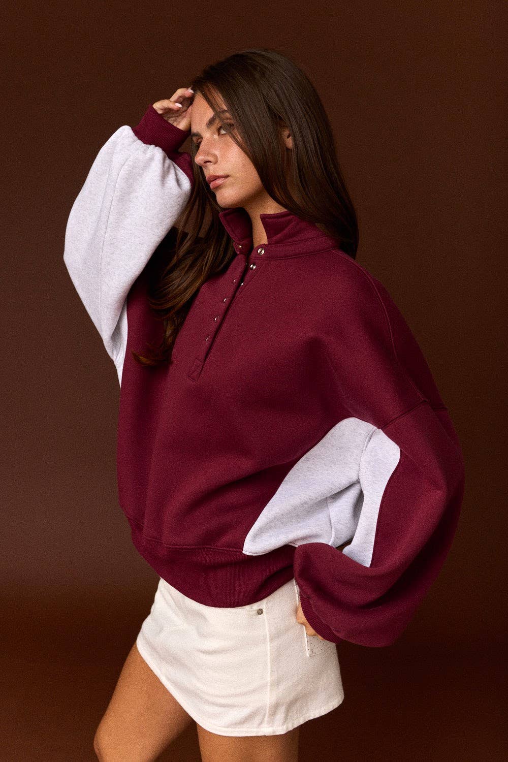 Amy Collar Half-Snap Contrast Sleeve Sweatshirt
