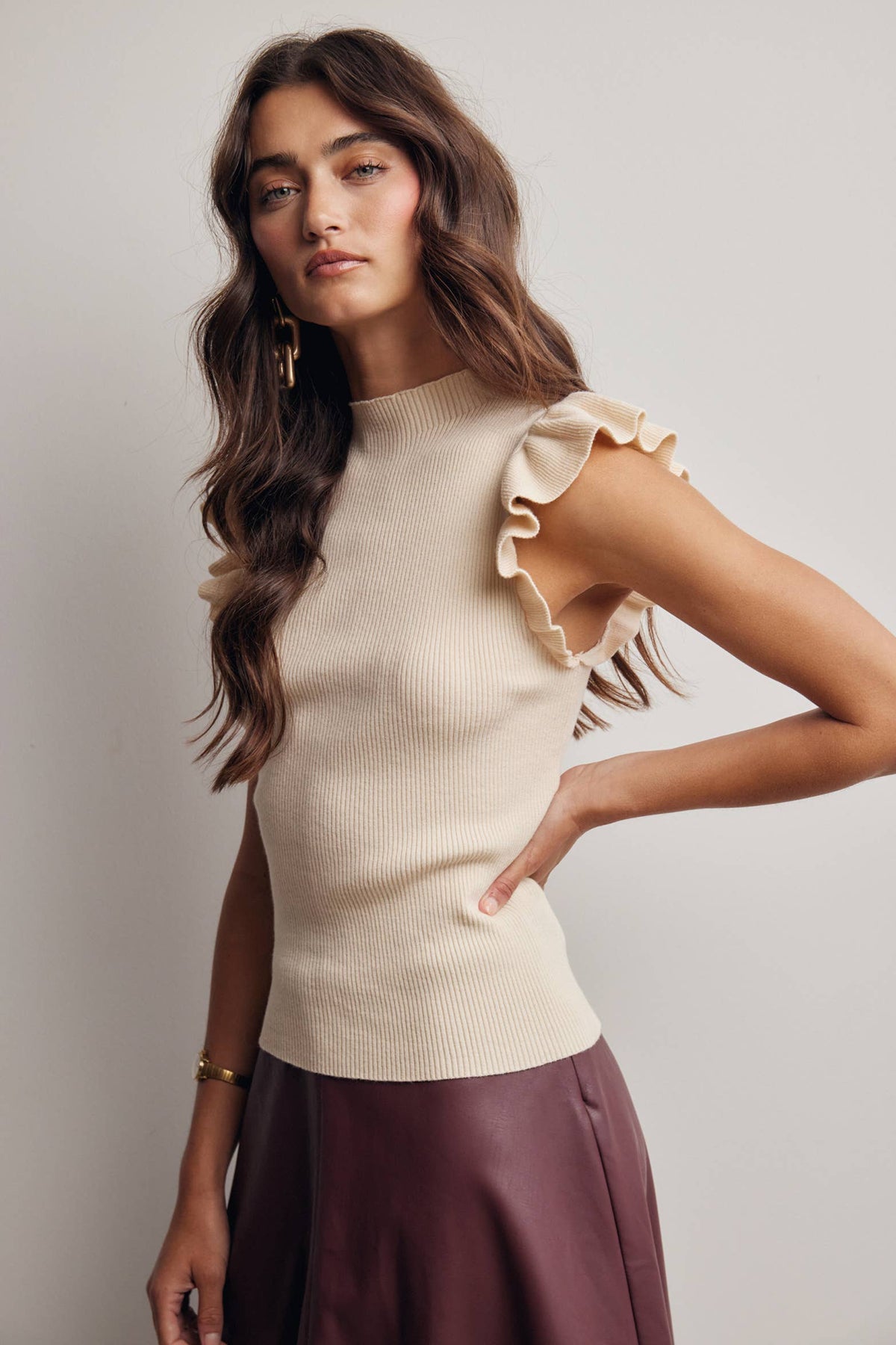 Ollana Ruffle Sleeve Rib Knit Top