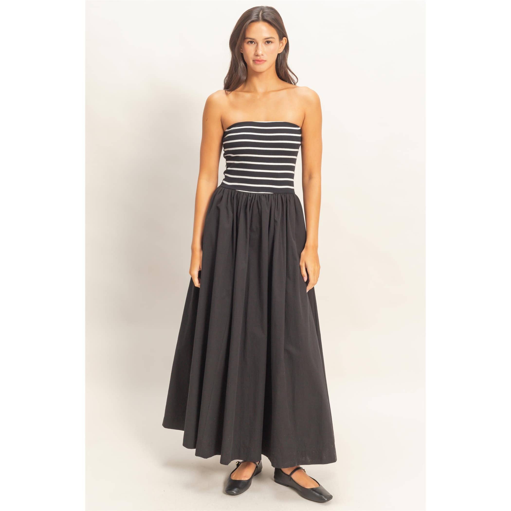 Frankie Striped Strapless Flowy Midi Dress PREORDER