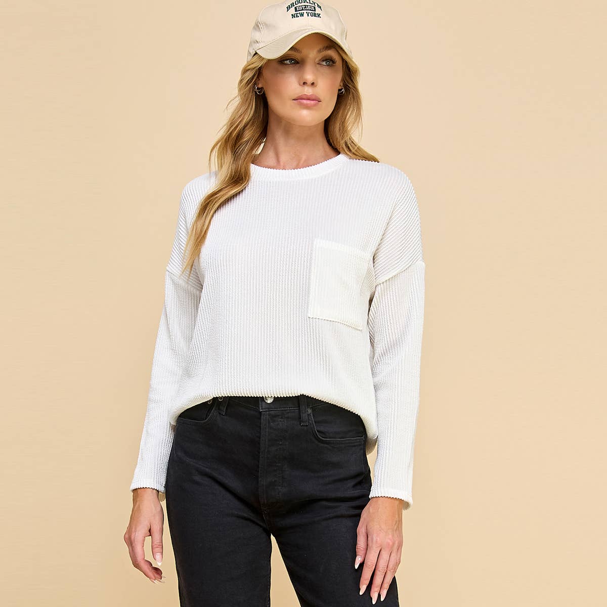 Sofia Ribbed Long Sleeve Pocket Top -Ivory PREORDER