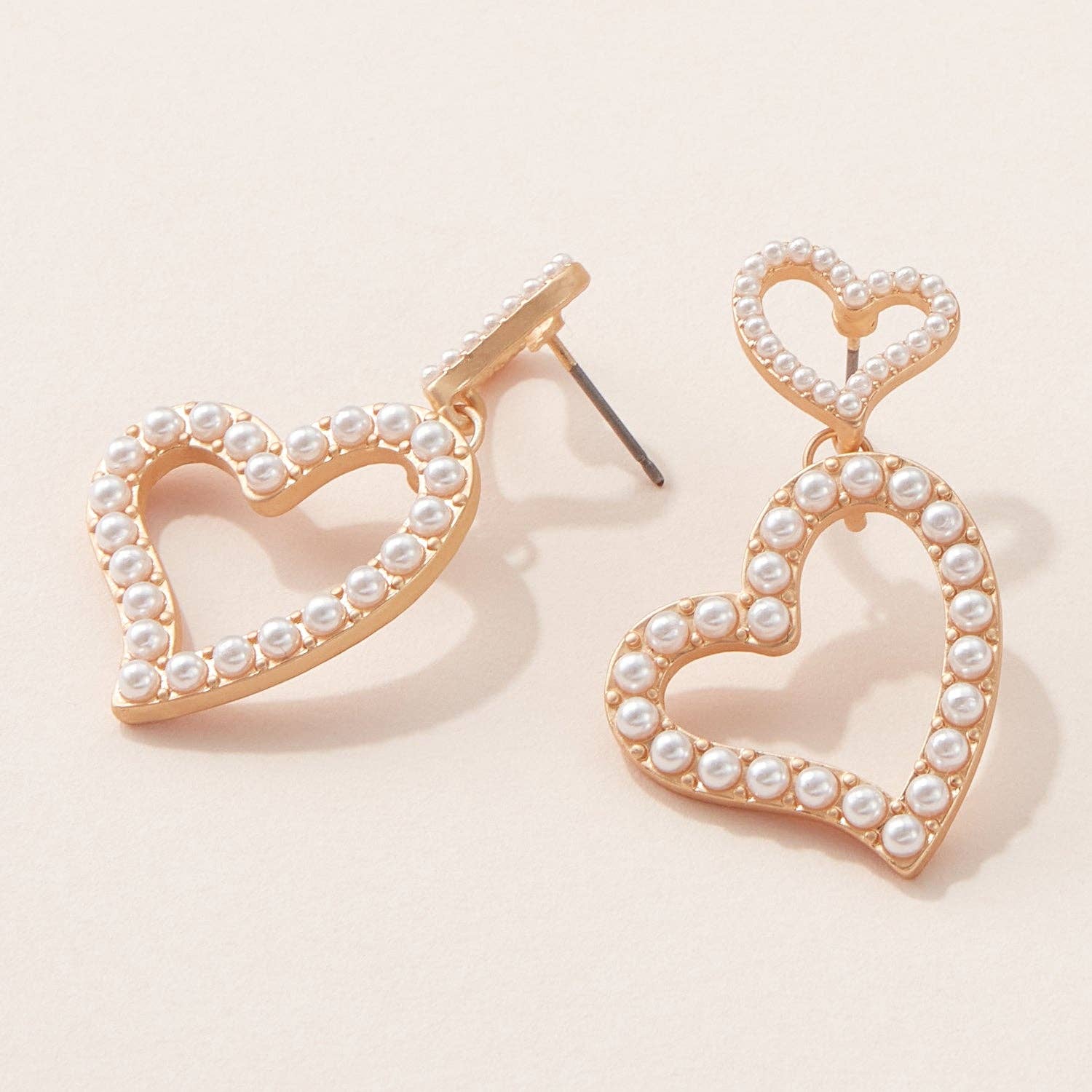 Holter Double Heart Pearl Post Earrings