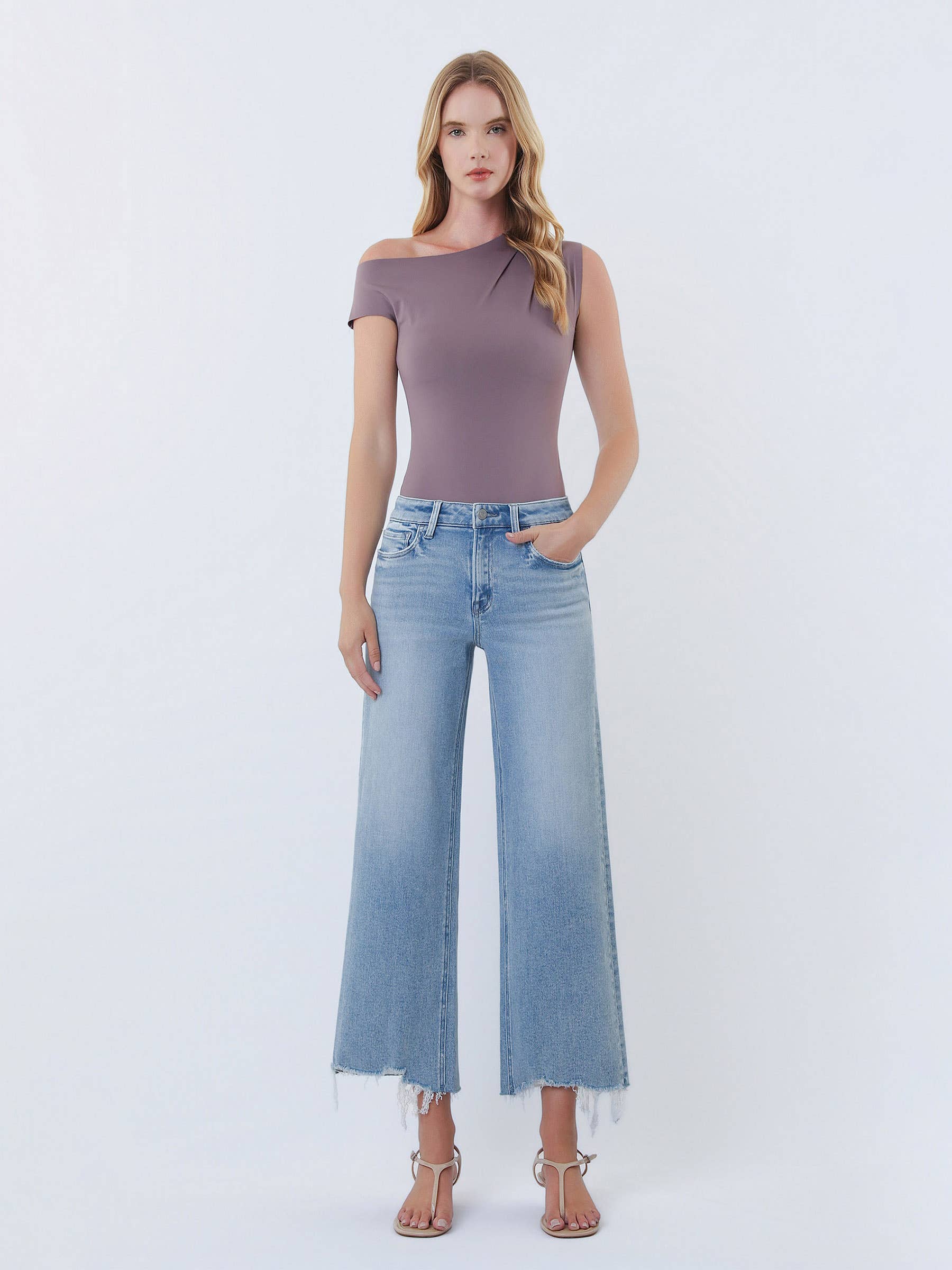 Vervet Ramsey High Rise Distressed Hem Crop Wide Jeans PREORDER