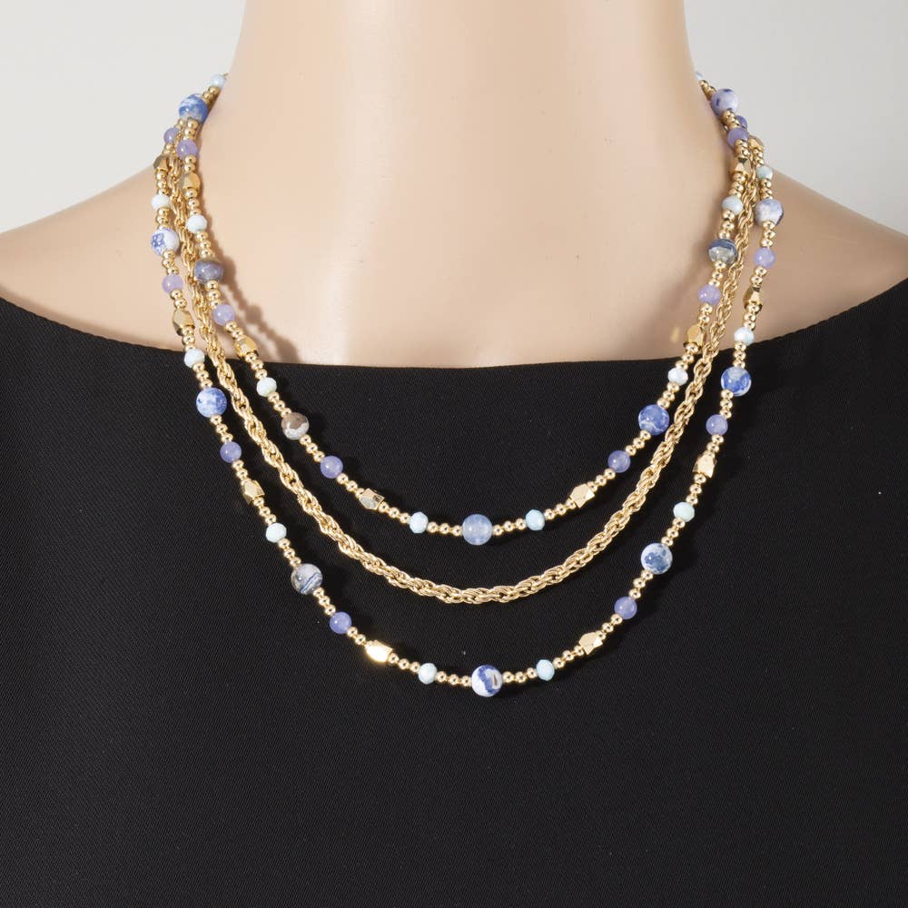 Jarvis Triple Strand Semi Precious Stone Rope Chain Necklace