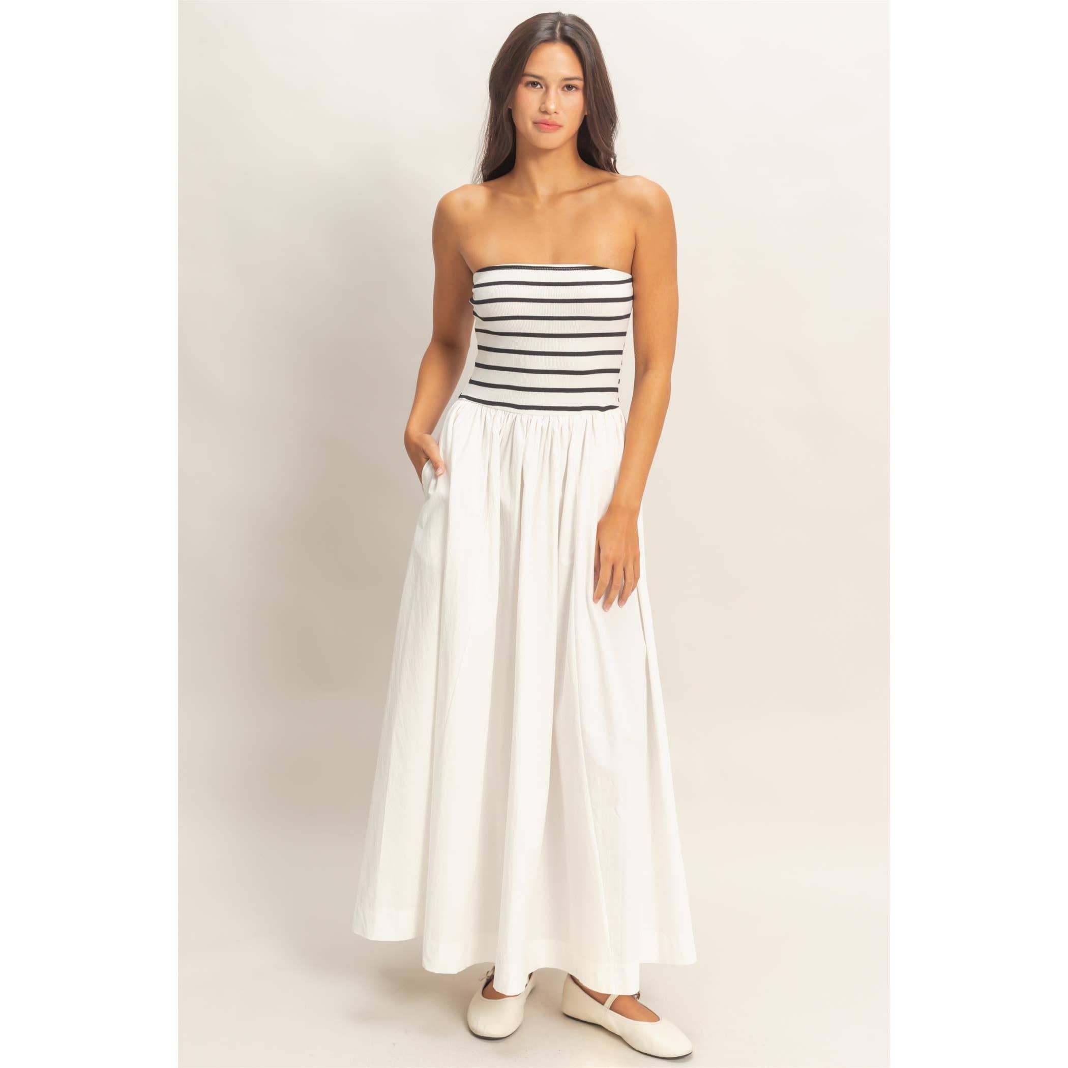 Striped Strapless Flowy Midi Dress