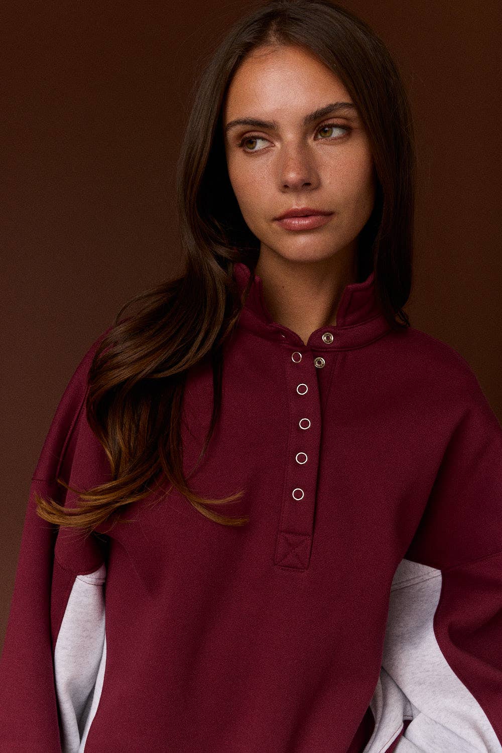 Amy Collar Half-Snap Contrast Sleeve Sweatshirt