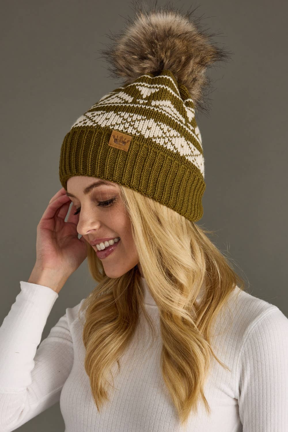 Loe Olive & Cream Patterned Pom Hat