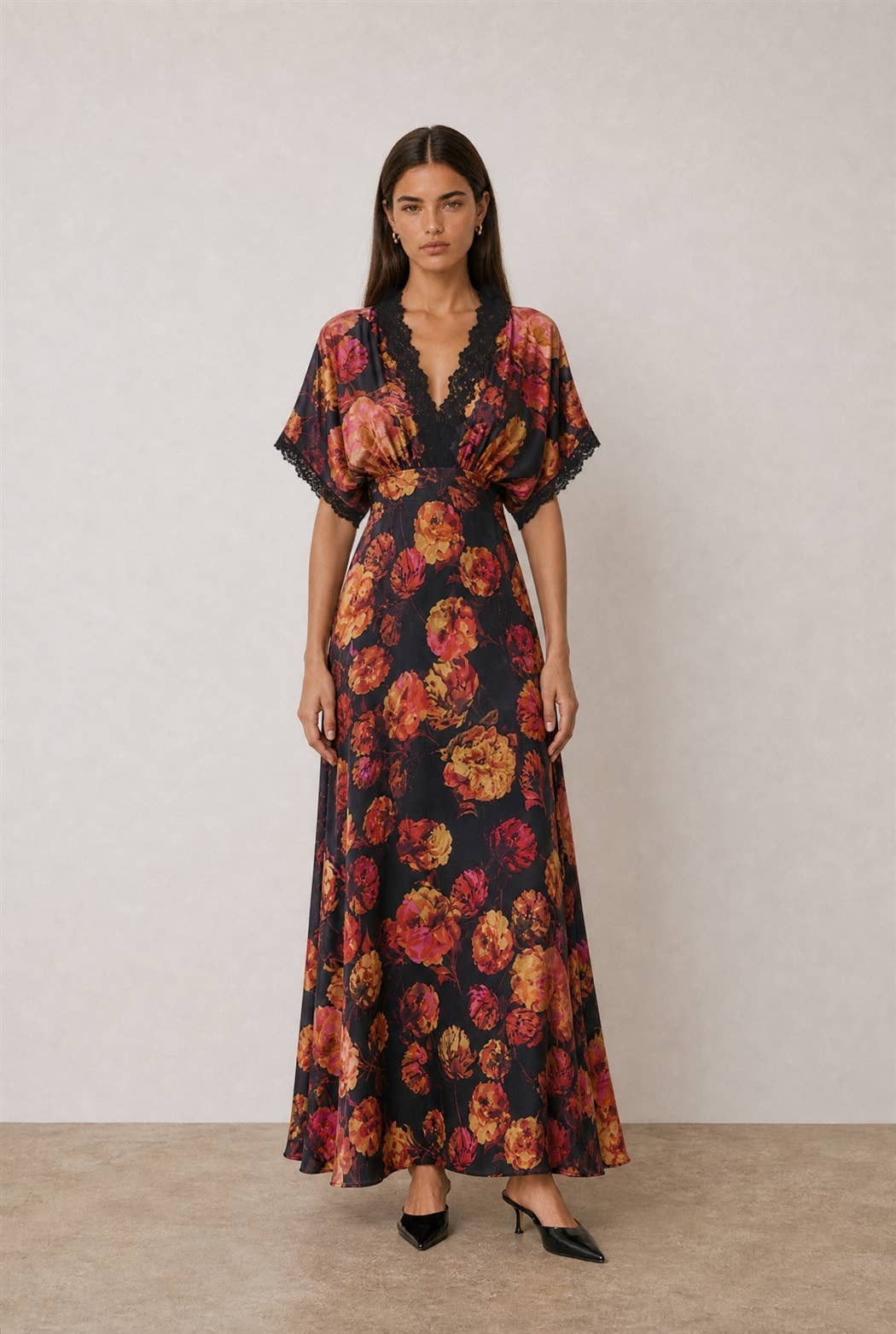 Nightfall Floral Lace Trim Blouson Maxi Dress