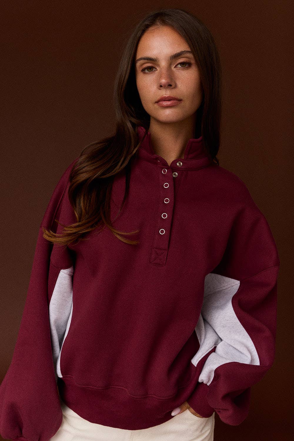 Amy Collar Half-Snap Contrast Sleeve Sweatshirt