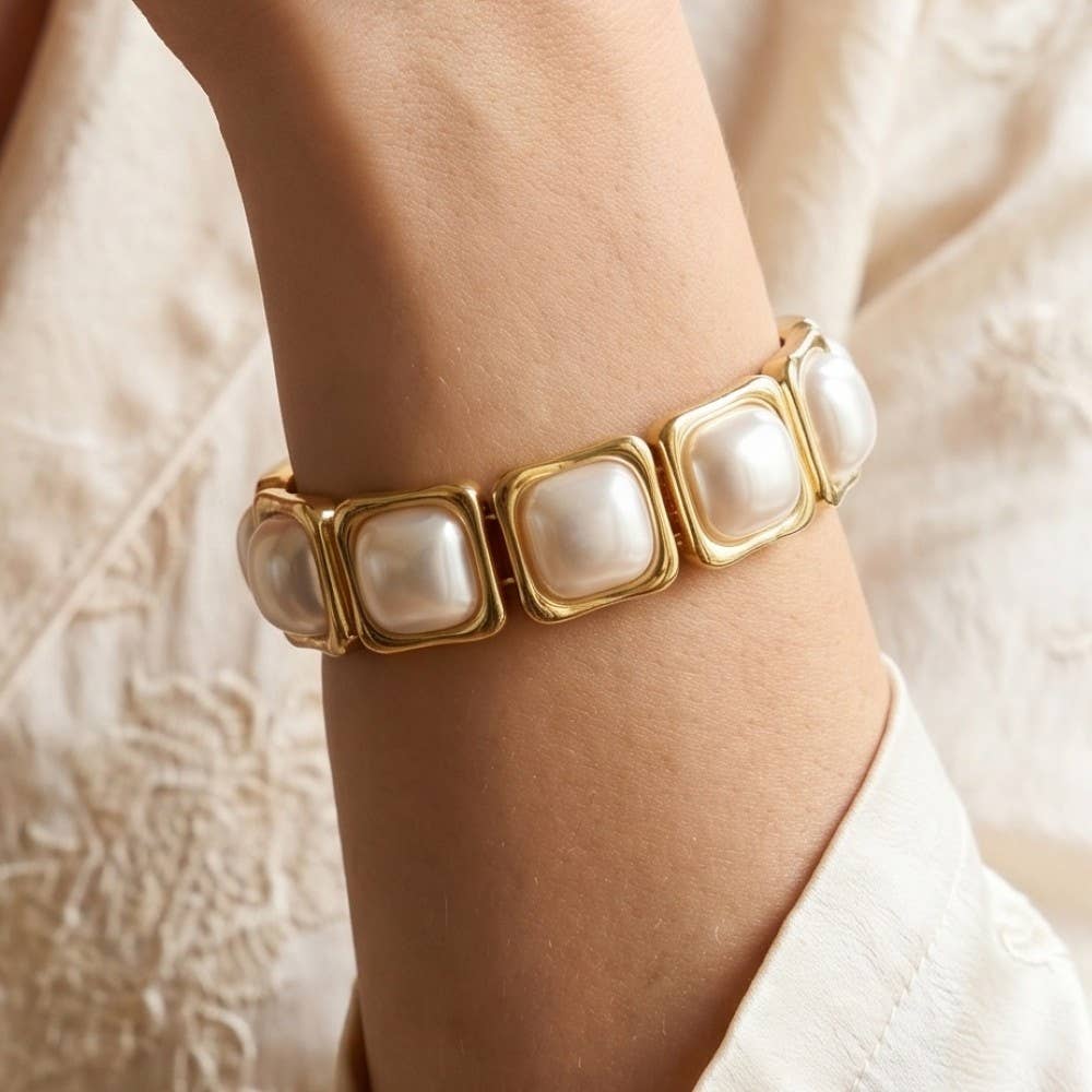 Rhonda Gold Square Link Pearl Stretch Bracelet