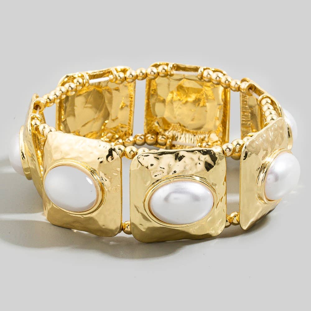 Anna Hammered Square & Pearl Stretch Bracelet
