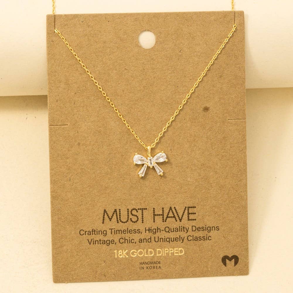 Mar Rhinestone Ribbon Bow Pendant Necklace
