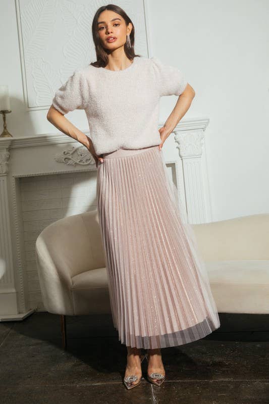 Angel Lurex Pleated Double Mesh Midi Skirt