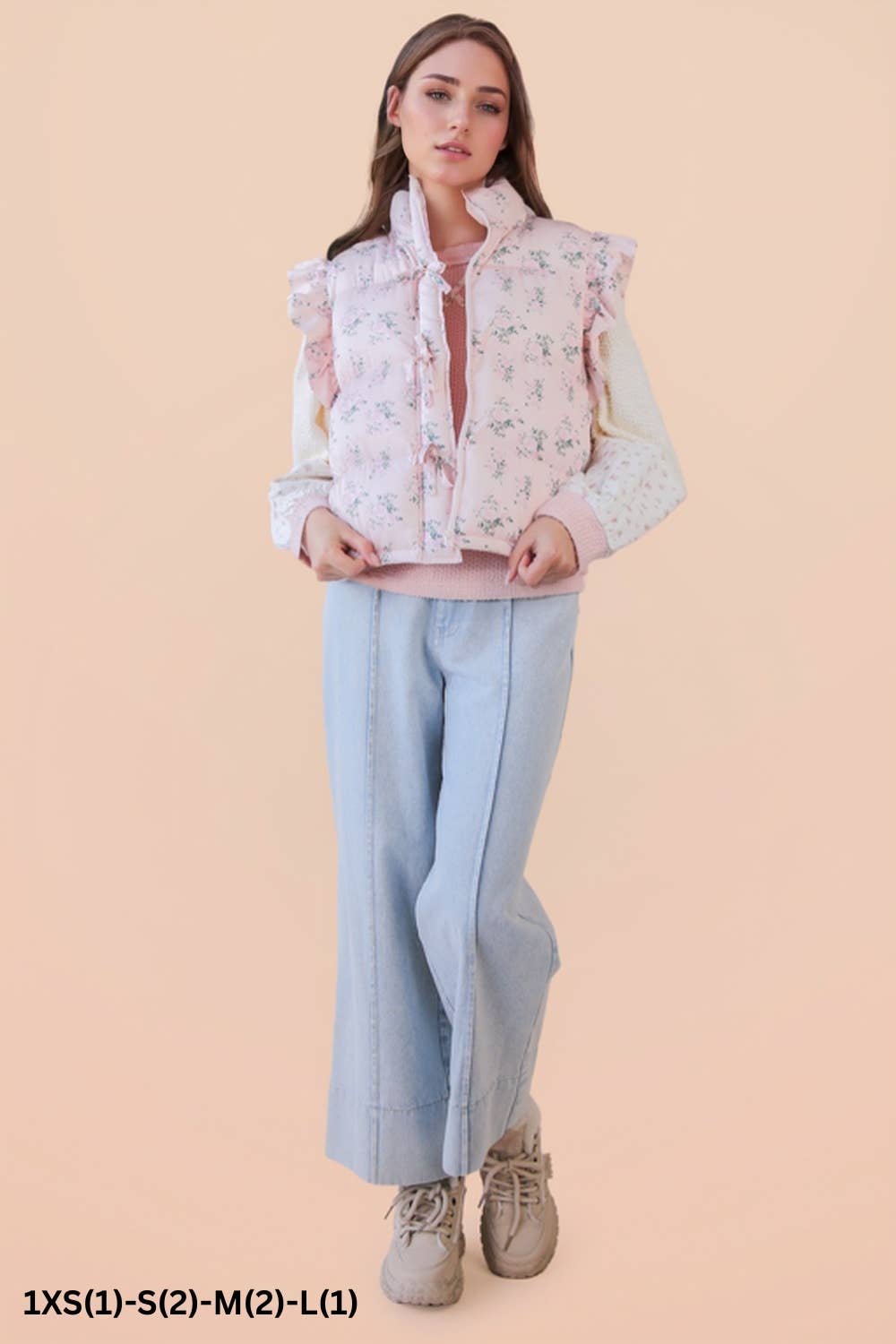 Vollie Front Bow Ruffle Sleeve Floral Puffer Vest -Medium Only! FINAL SALE