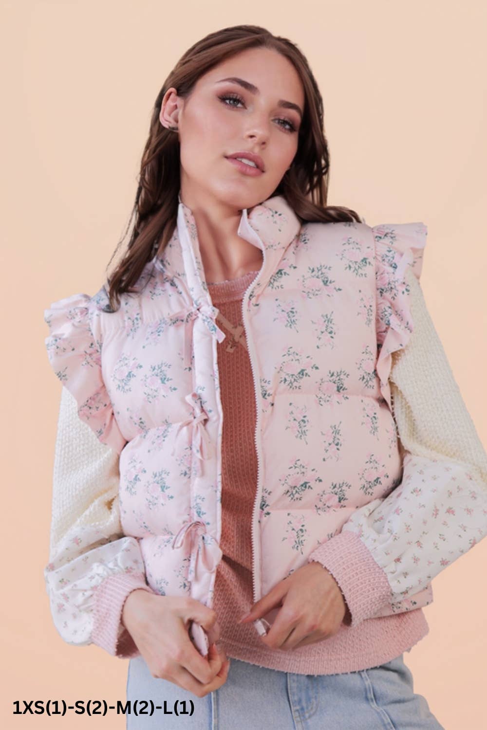 Vollie Front Bow Ruffle Sleeve Floral Puffer Vest