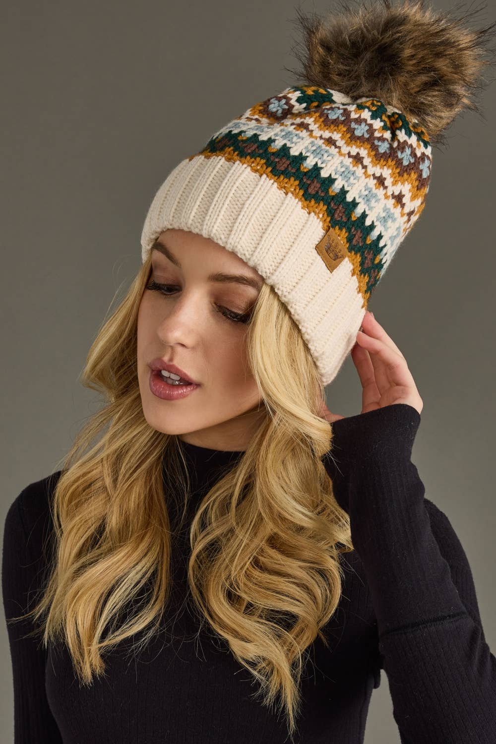 Liv Cream & Multicolored Patterned Pom Hat