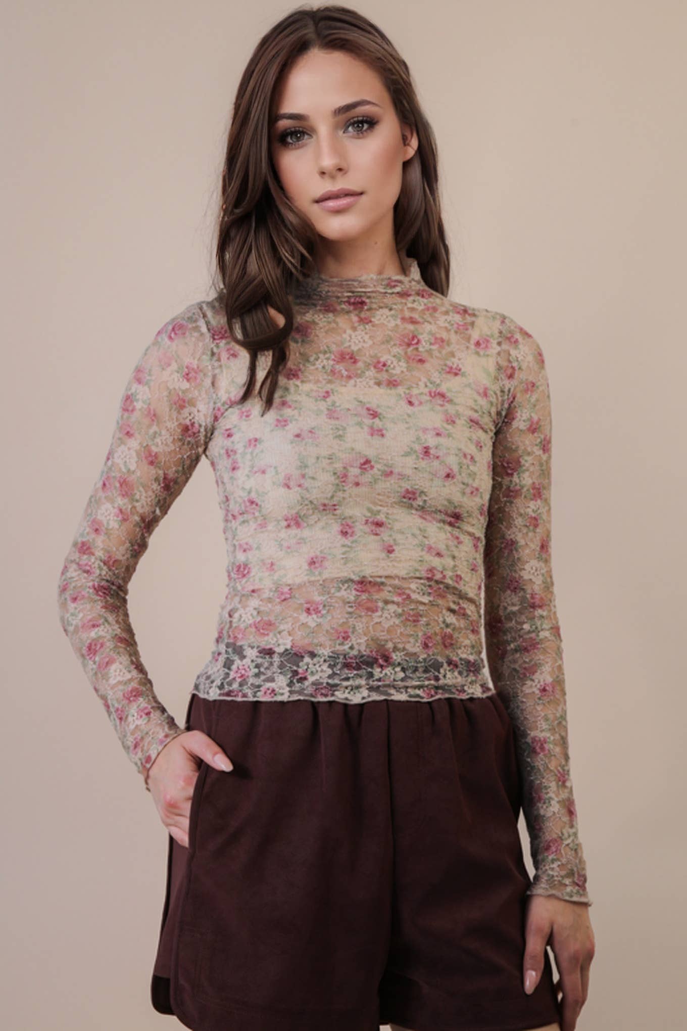 Kole Fitted Sheer Mesh Lace Knit Top